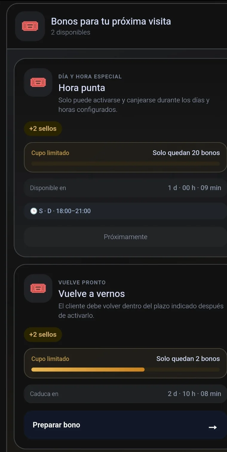 Vista real de ITE Fideliza con bonos y tarjeta del cliente